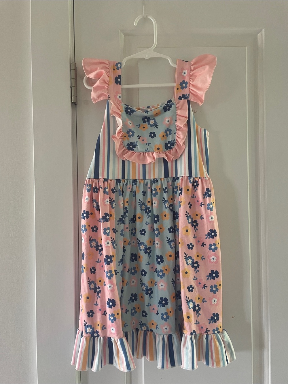 Girls Pink & Blue Floral Stripe Ruffle Dress